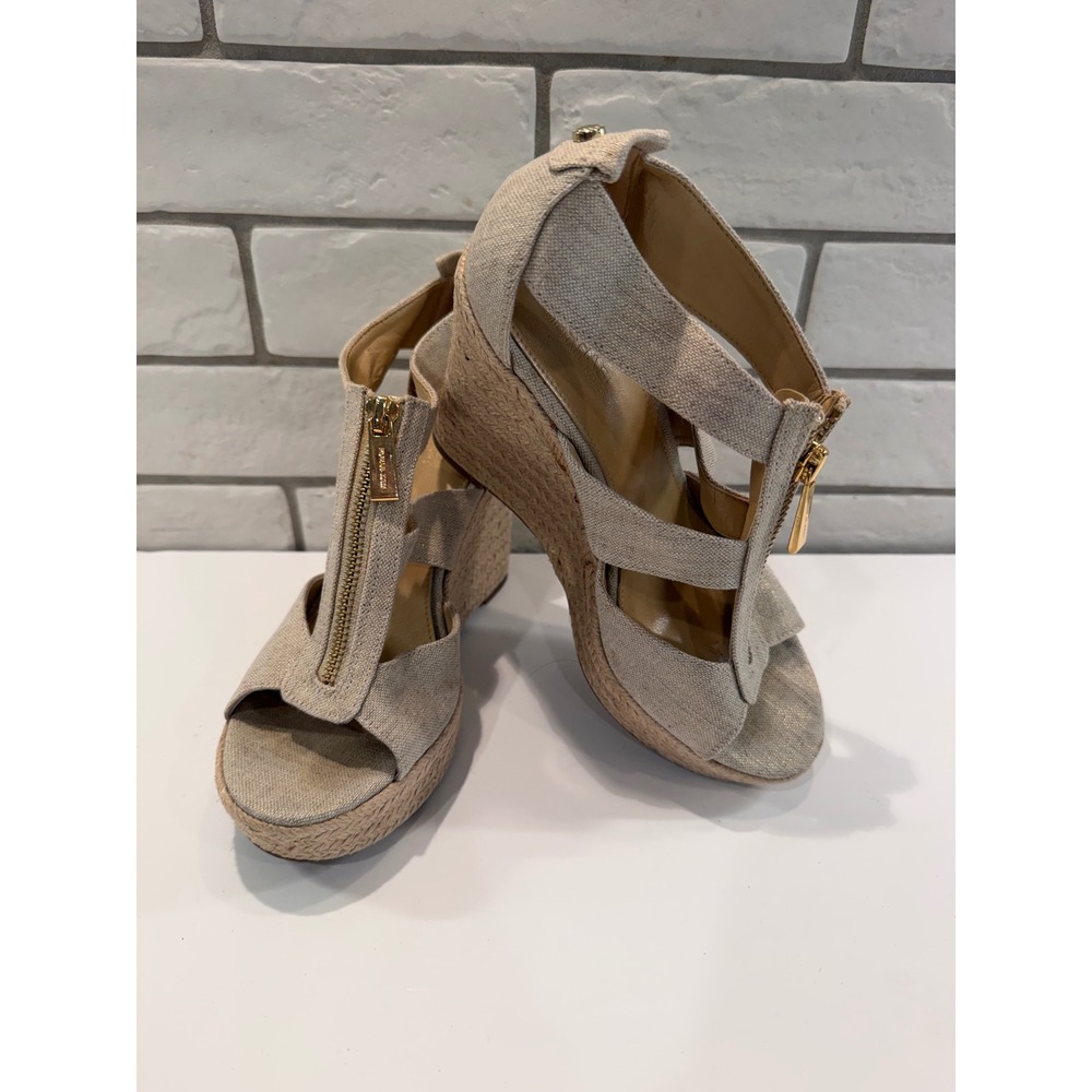 Michael Kors Damita Wedge Sandals Womens 6M Beige Gold Zip Espadrille Platform